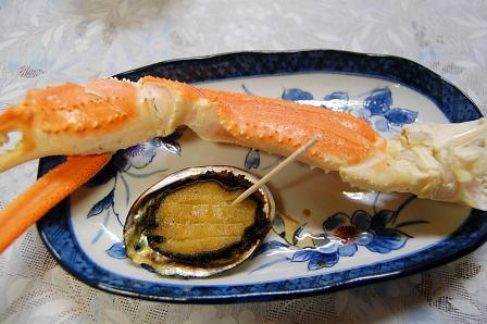 タラバガニ、焼あわび